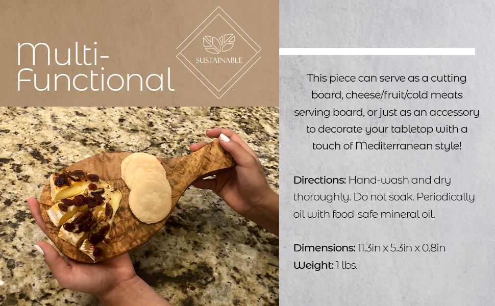 Olive-wood cutting board with handle, bread and cheese rounds held by hands