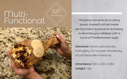 Olive-wood cutting board with handle, bread and cheese rounds held by hands