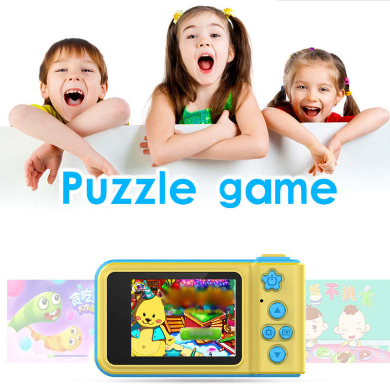 Kids mini digital video camera with screen showing cartoon scene, yellow and blue design