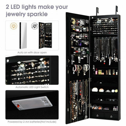 Black mirrored jewelry cabinet with built-in LED light sparkle display and earring hooks