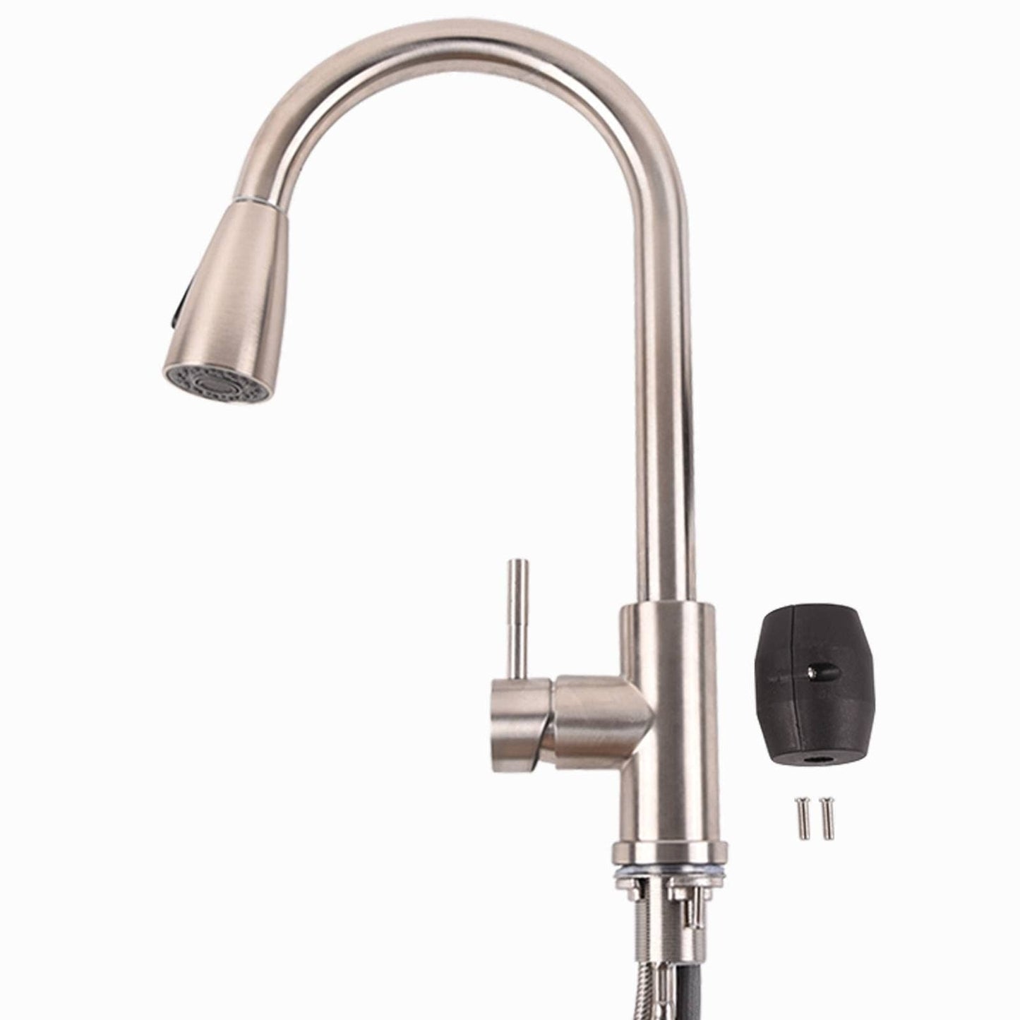 Stainless steel kitchen faucet with high-arc spout and pull-down sprayer head