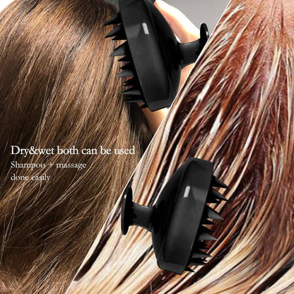 Black scalp massage brush with pointed spikes brushing through hair