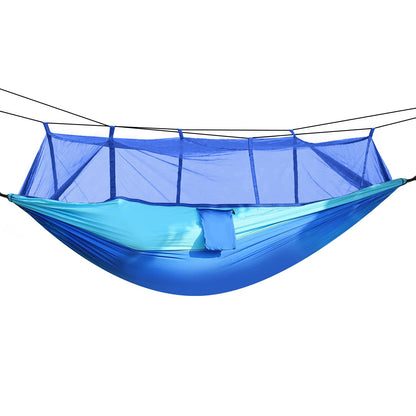 Blue two-person hammock with attached mosquito net and hanging straps
