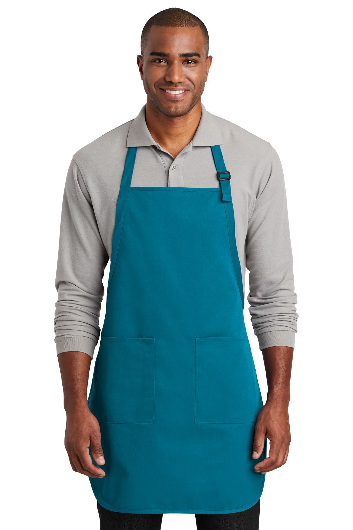 Full-length two-pocket bib apron, sapphire blue, with neck strap and two front pockets.