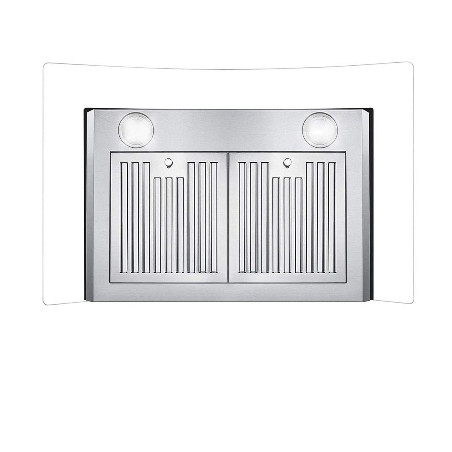 30-inch wall hood underside with stainless steel vent slots and two circular controls