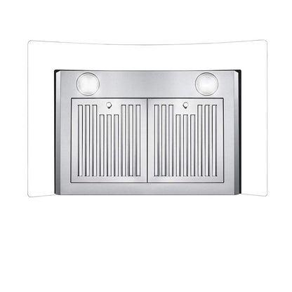 30-inch wall hood underside with stainless steel vent slots and two circular controls