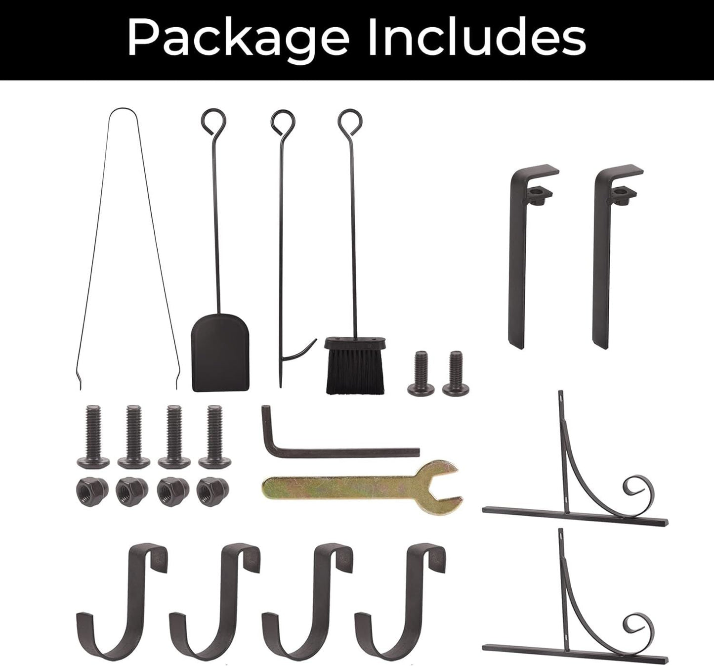 Fireplace screen accessory kit with brackets, hooks, screws, and mounting tools