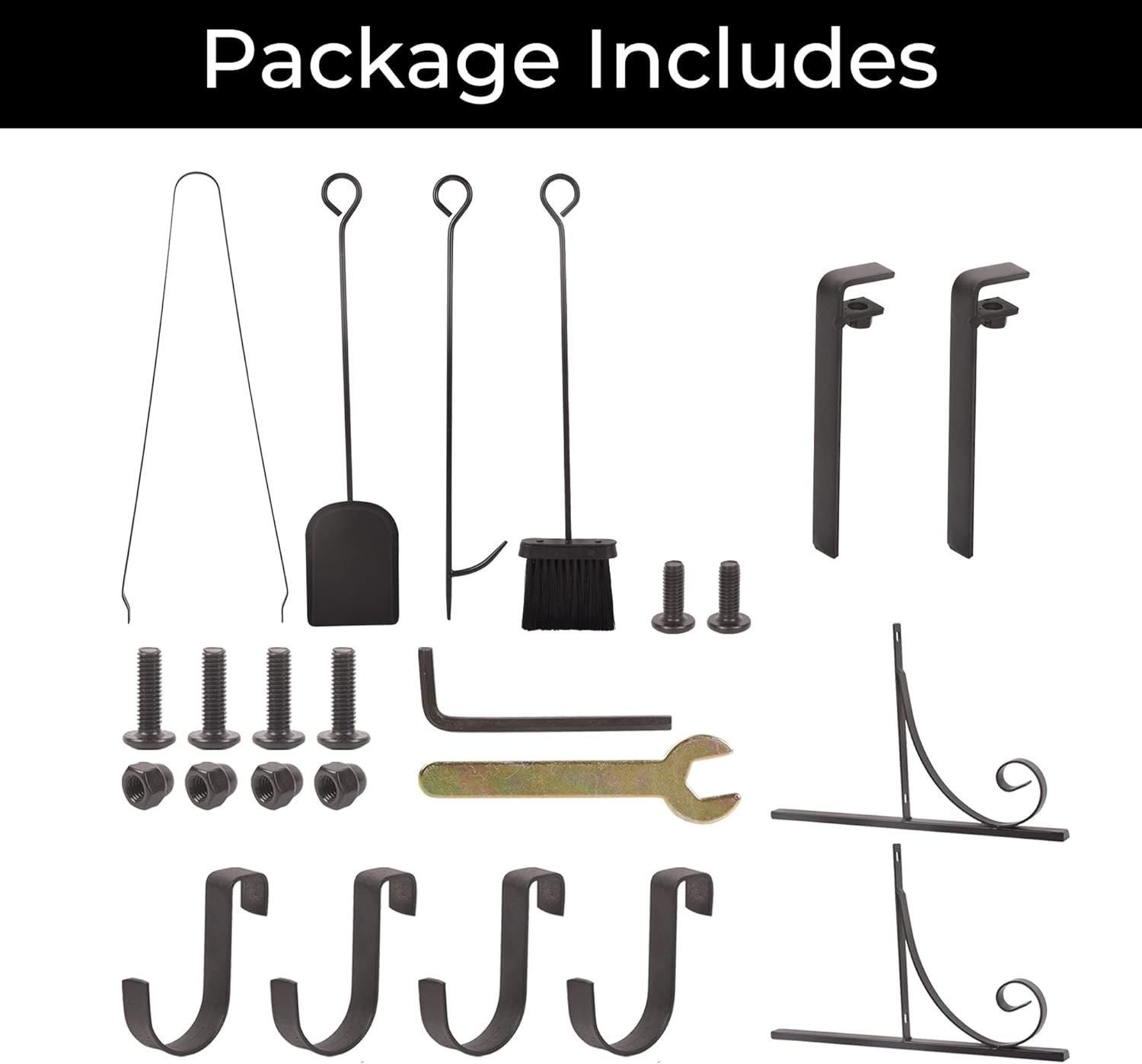Fireplace screen accessory kit with brackets, hooks, screws, and mounting tools