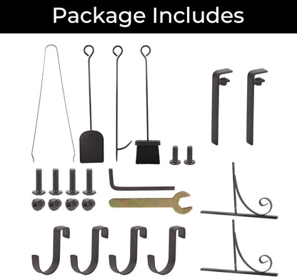 Fireplace screen accessory kit with brackets, hooks, screws, and mounting tools