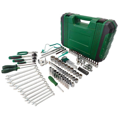 Open green carry case with socket wrench set, sockets, ratchet, and wrenches