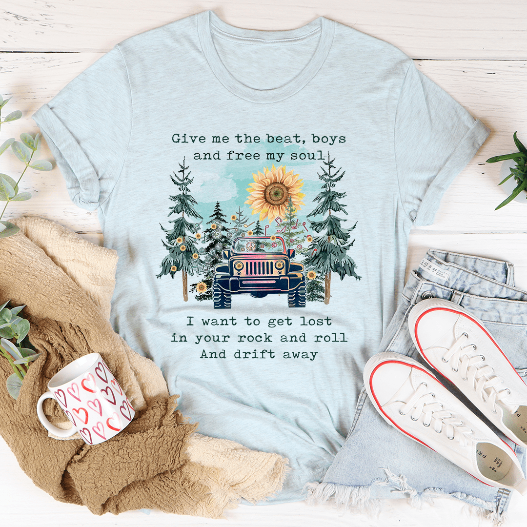 Light blue crewneck t-shirt with jeep and trees illustration under a sunflower