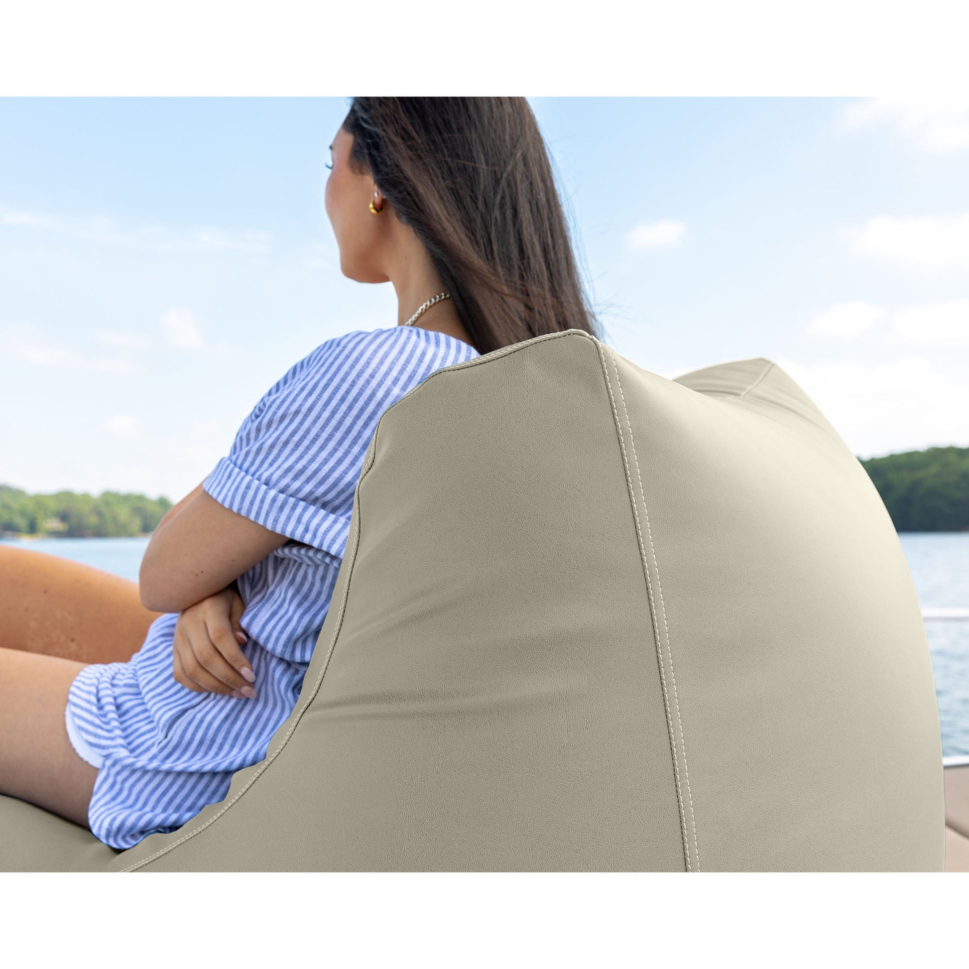 Mineral gray bean bag chair backrest with visible stitching and curved form