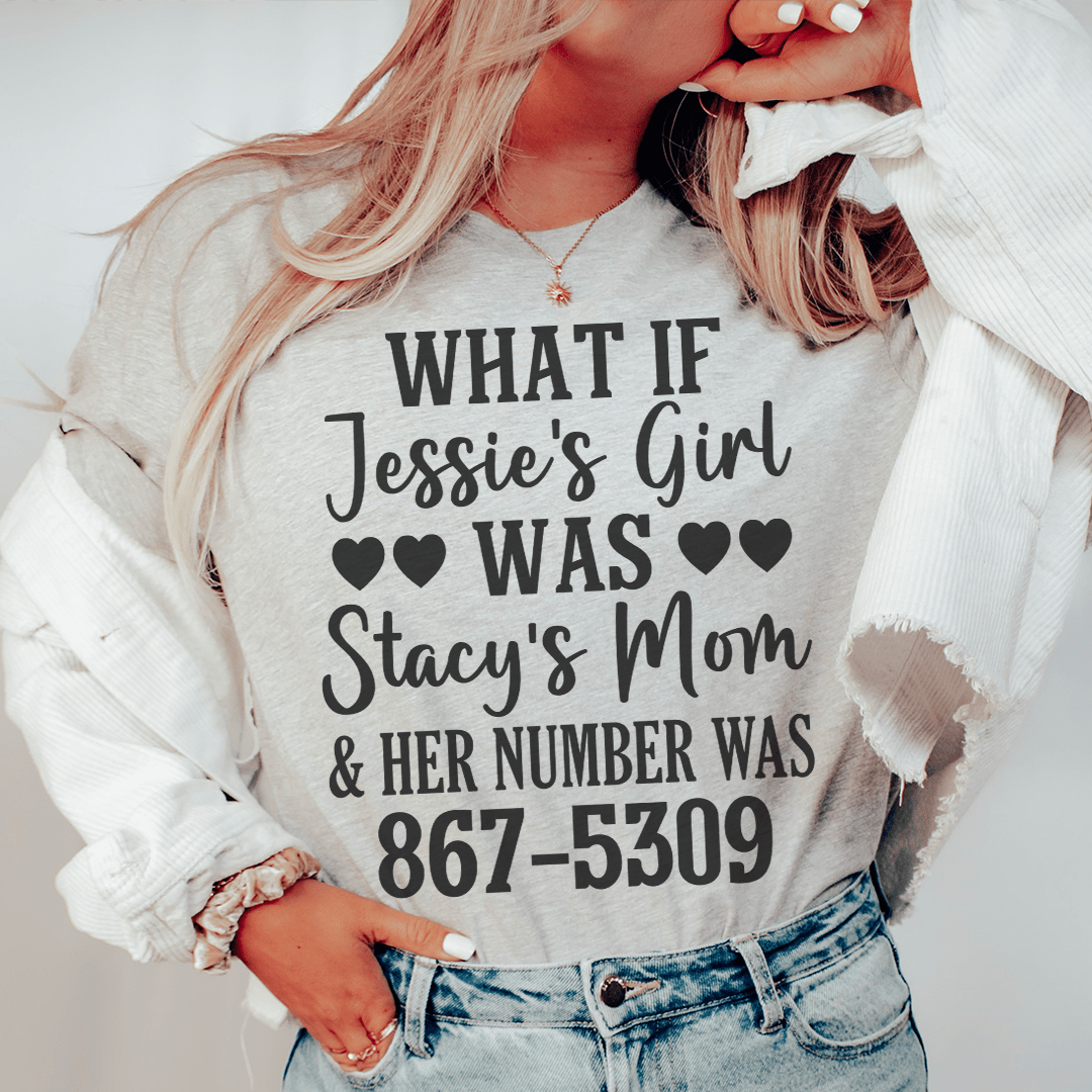 Light heather crewneck T-shirt with quote print and 867-5309