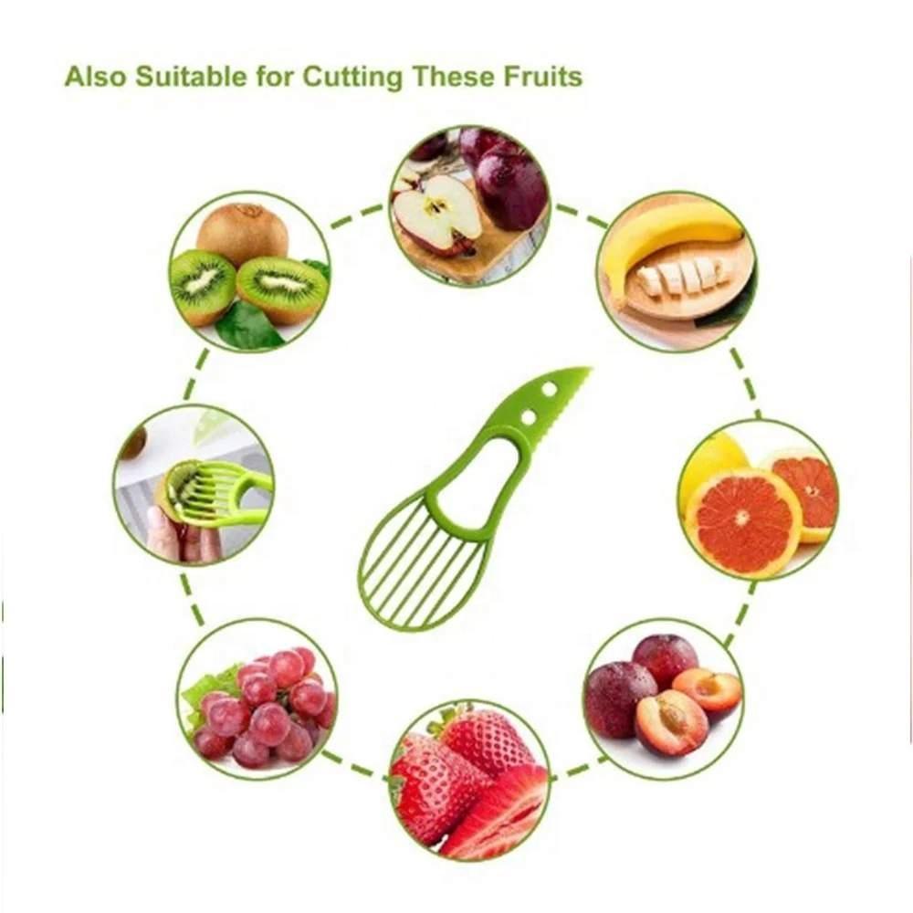 Avocado cutting slicer tool with green wavy blade and ridged comb
