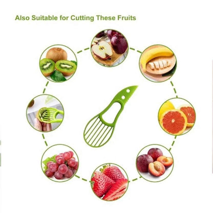 Avocado cutting slicer tool with green wavy blade and ridged comb