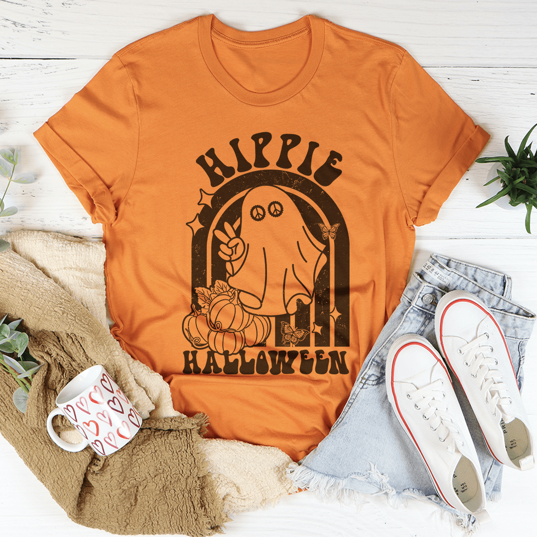 Hippie Halloween graphic t-shirt, burnt orange with black arched character design
