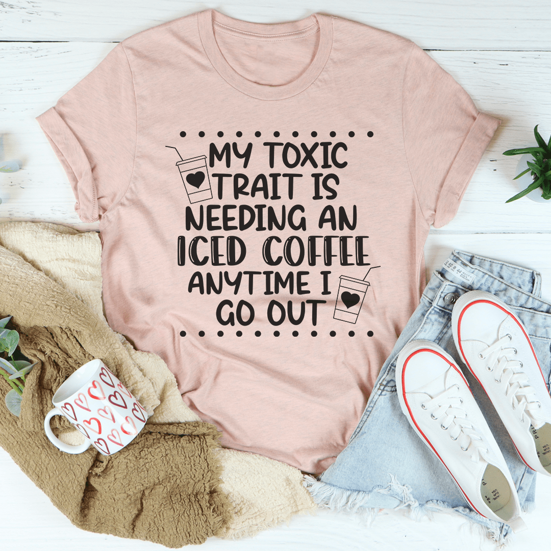 Blush graphic slogan T-shirt with iced coffee icons and crew neck