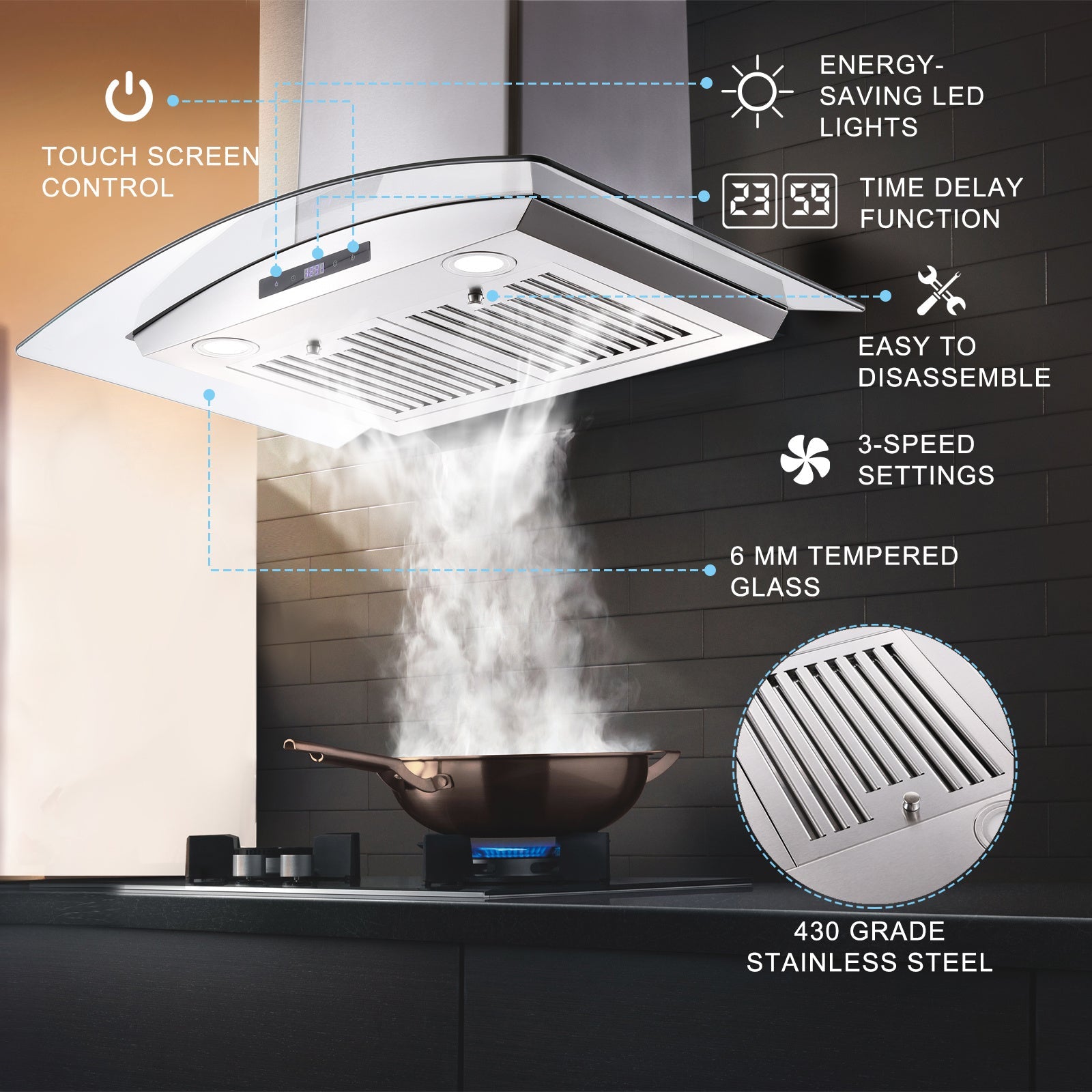 30-inch wall mounted range hood with stainless steel canopy, tempered glass, touch controls