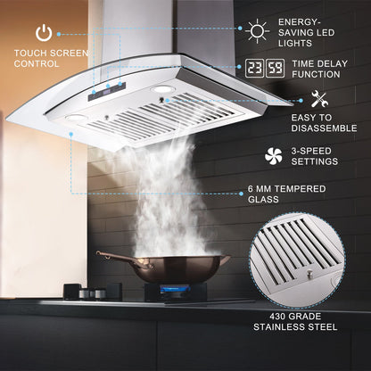 30-inch wall mounted range hood with stainless steel canopy, tempered glass, touch controls