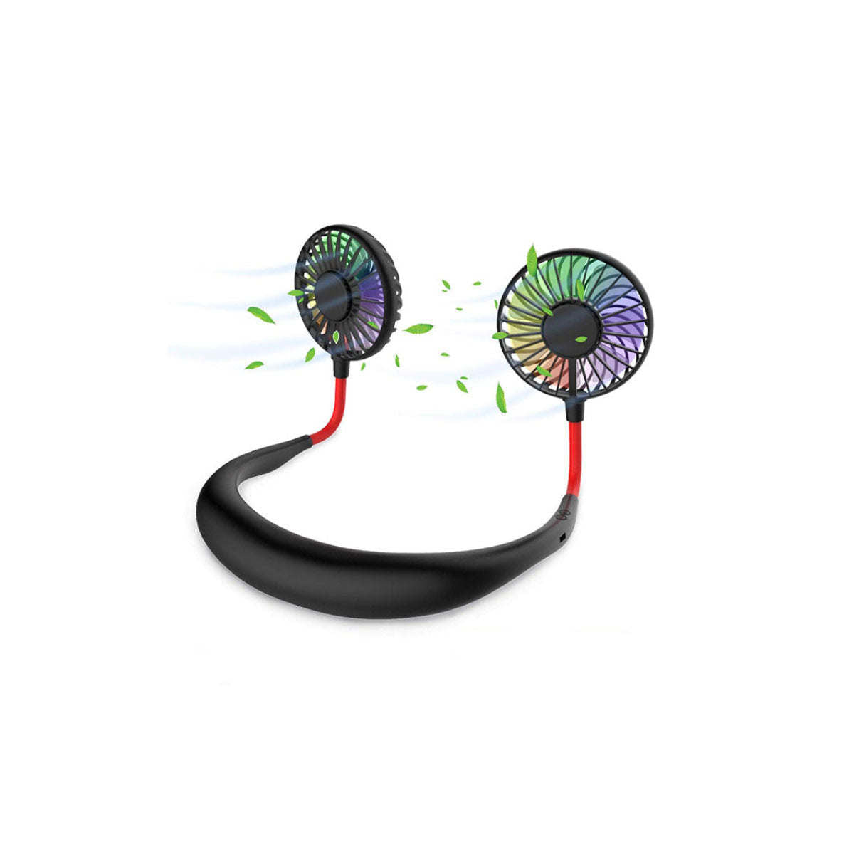 Cordless mini neck fan with two black fans, red neckband, green airflow effect