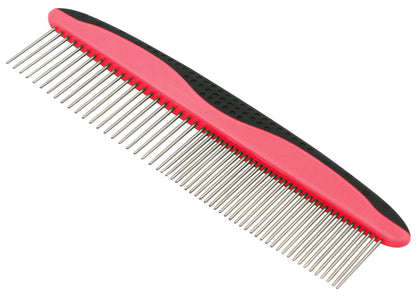 Red pet grooming comb with wide and narrow metal teeth