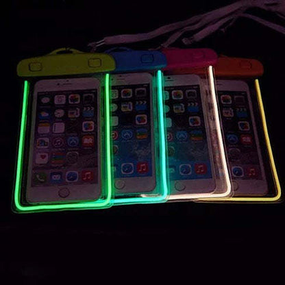Assorted waterproof phone pouches in green, blue, red with glowing edges