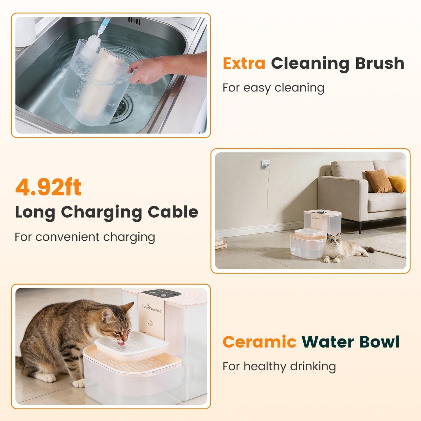 Pet water fountain accessories: cleaning brush, long charging cable, and ceramic bowl