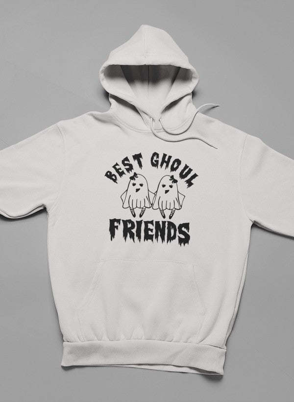 Light gray pullover hoodie with hood and front ghost-friends graphic