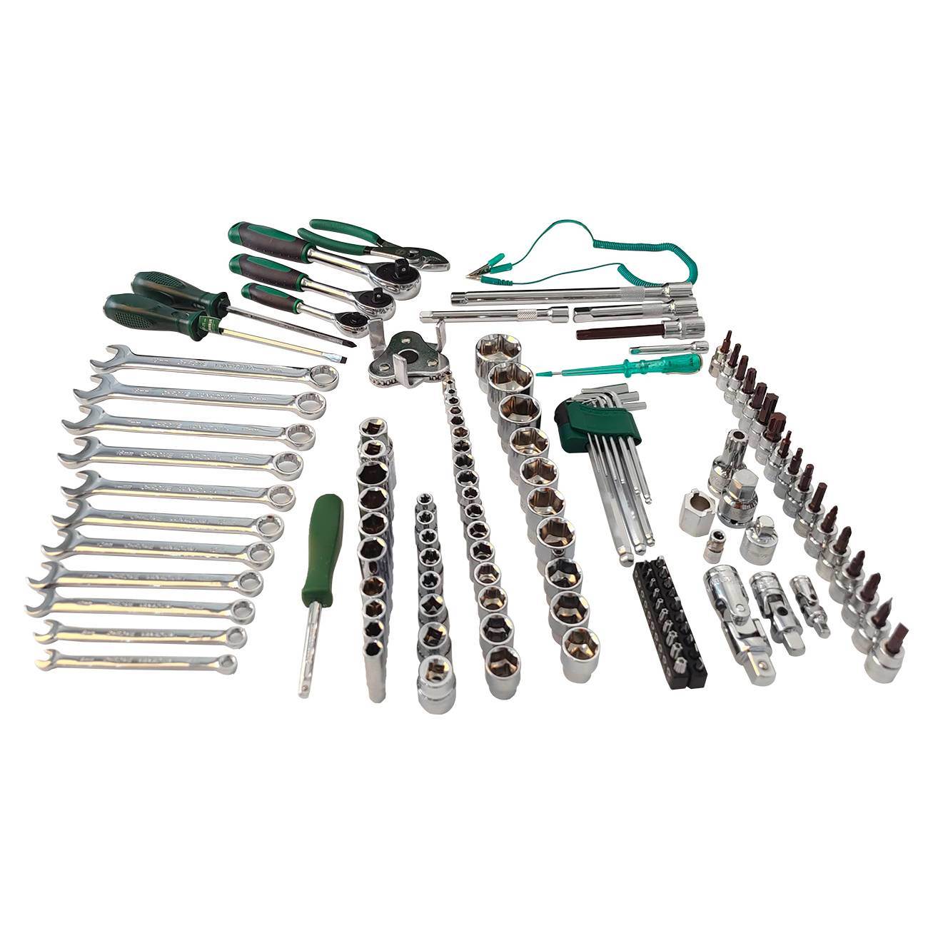 Socket wrench tool set laid out with ratchet, sockets, and wrenches