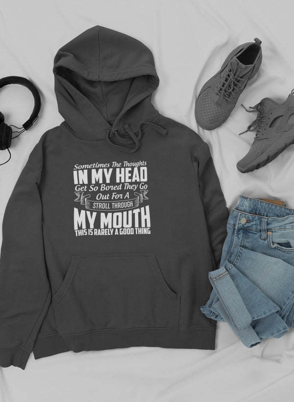 Charcoal hoodie with hood, drawstrings, kangaroo pocket, and chest graphic print.