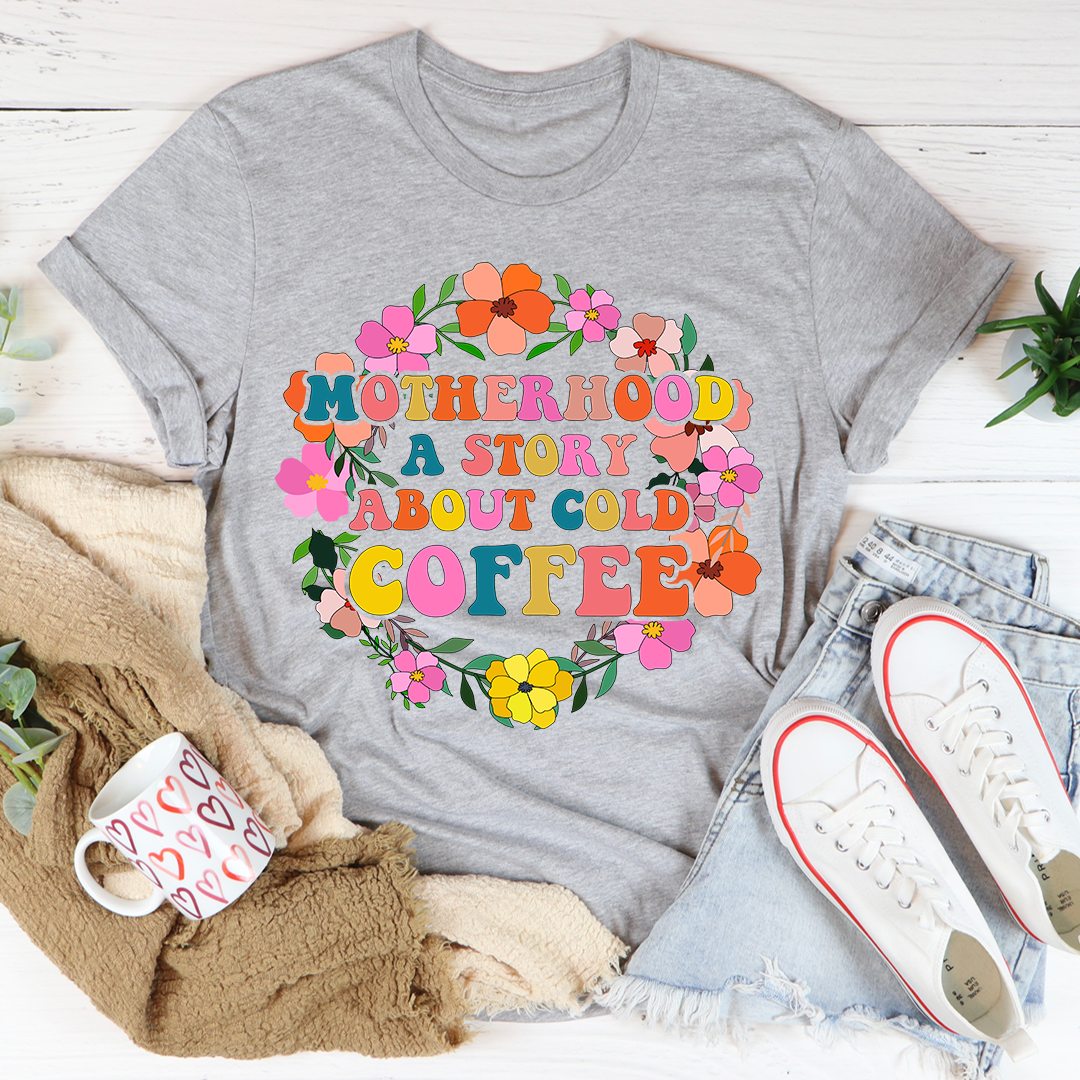 Heather gray crewneck T-shirt with colorful floral "Motherhood" cold coffee graphic