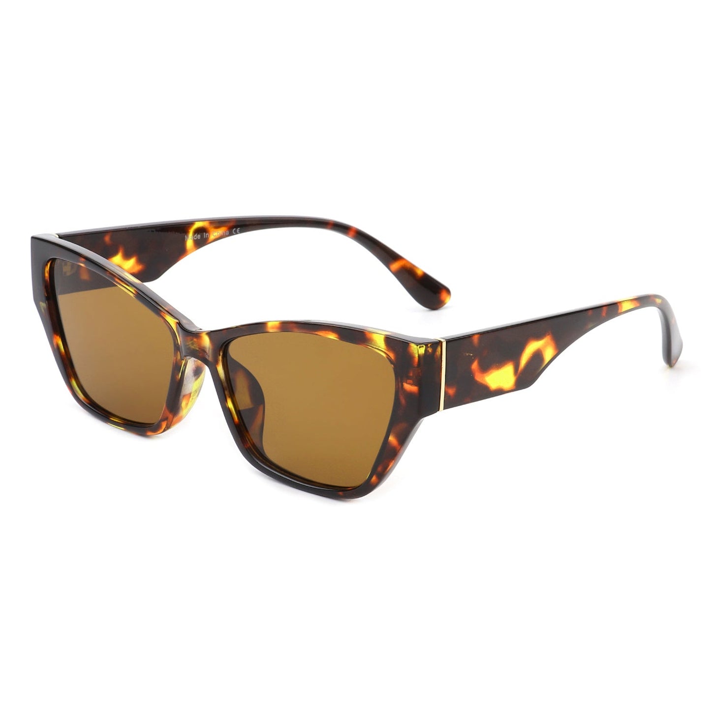 Square retro cat-eye sunglasses, tortoise frame, amber tinted lenses, curved temples