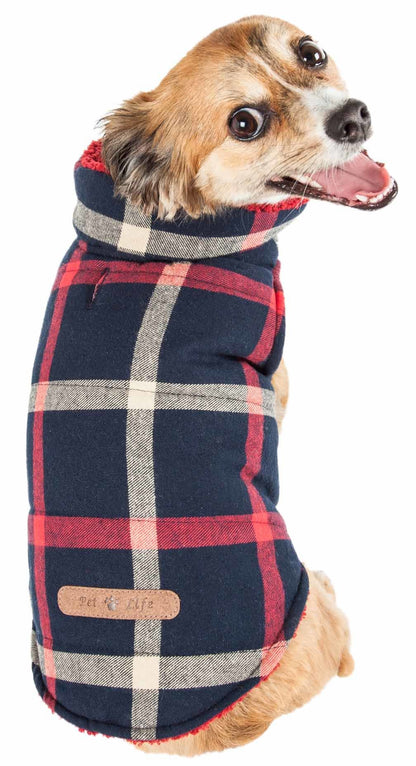 Plaid insulated dog coat with high collar, red, navy, and cream block pattern