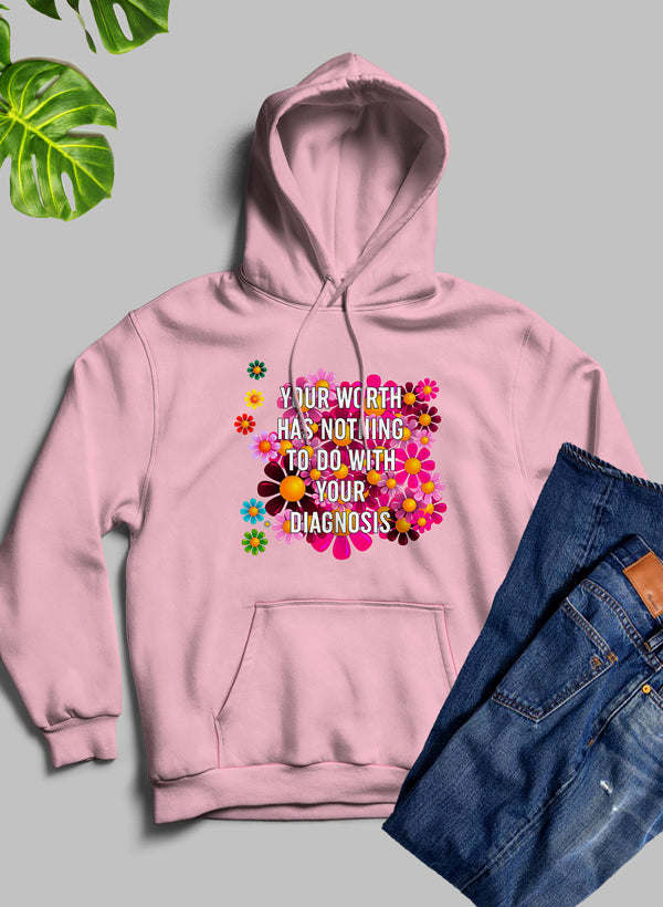 Mauve hoodie, hood up, front pocket, centered colorful flower text graphic.