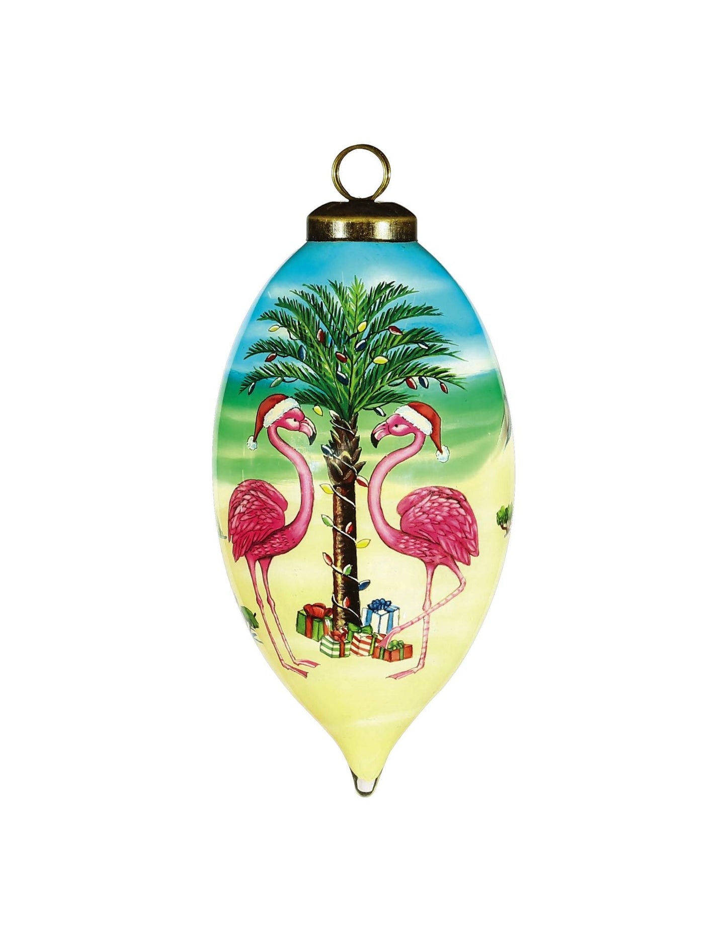 Hand-painted glass flamingo hanging ornament with two pink birds and pine tree scene