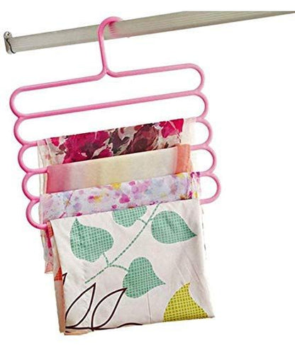 Pink 5-layer plastic hanger with stacked fabric and printed cloth pieces.