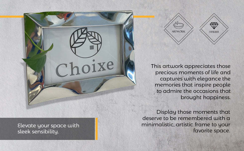 Silver picture frame with mirrored finish and circular leaf emblem