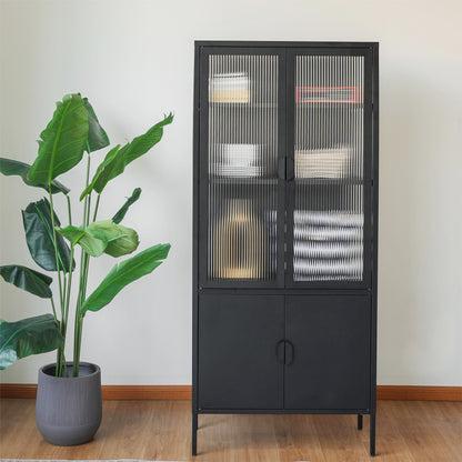 Elegant Matte Black Metal and Glass Storage Cabinet with Adjustable Shelves