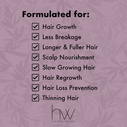 Hair growth supplement capsules feature list with check marks