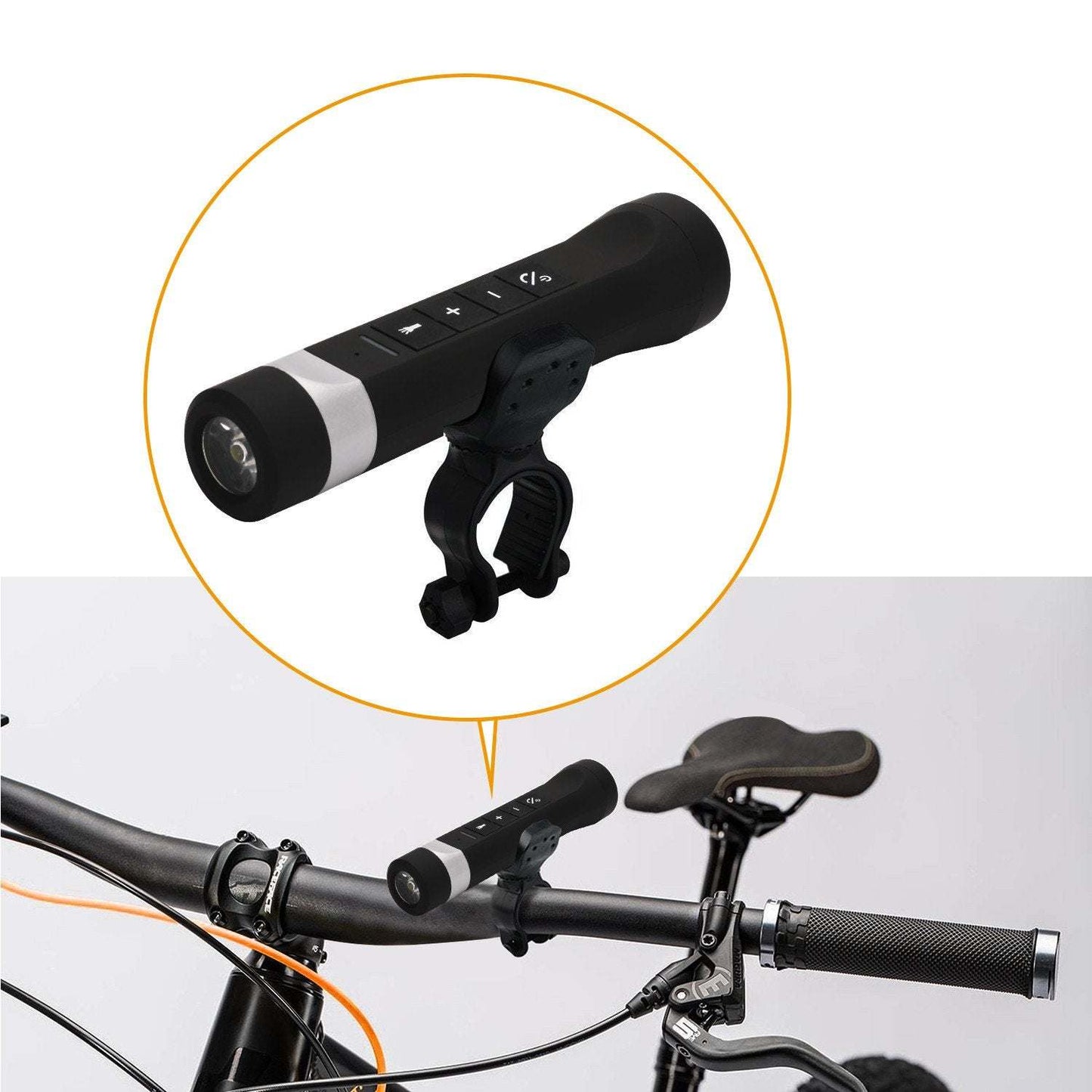 Black flashlight Bluetooth speaker with bike handlebar mount