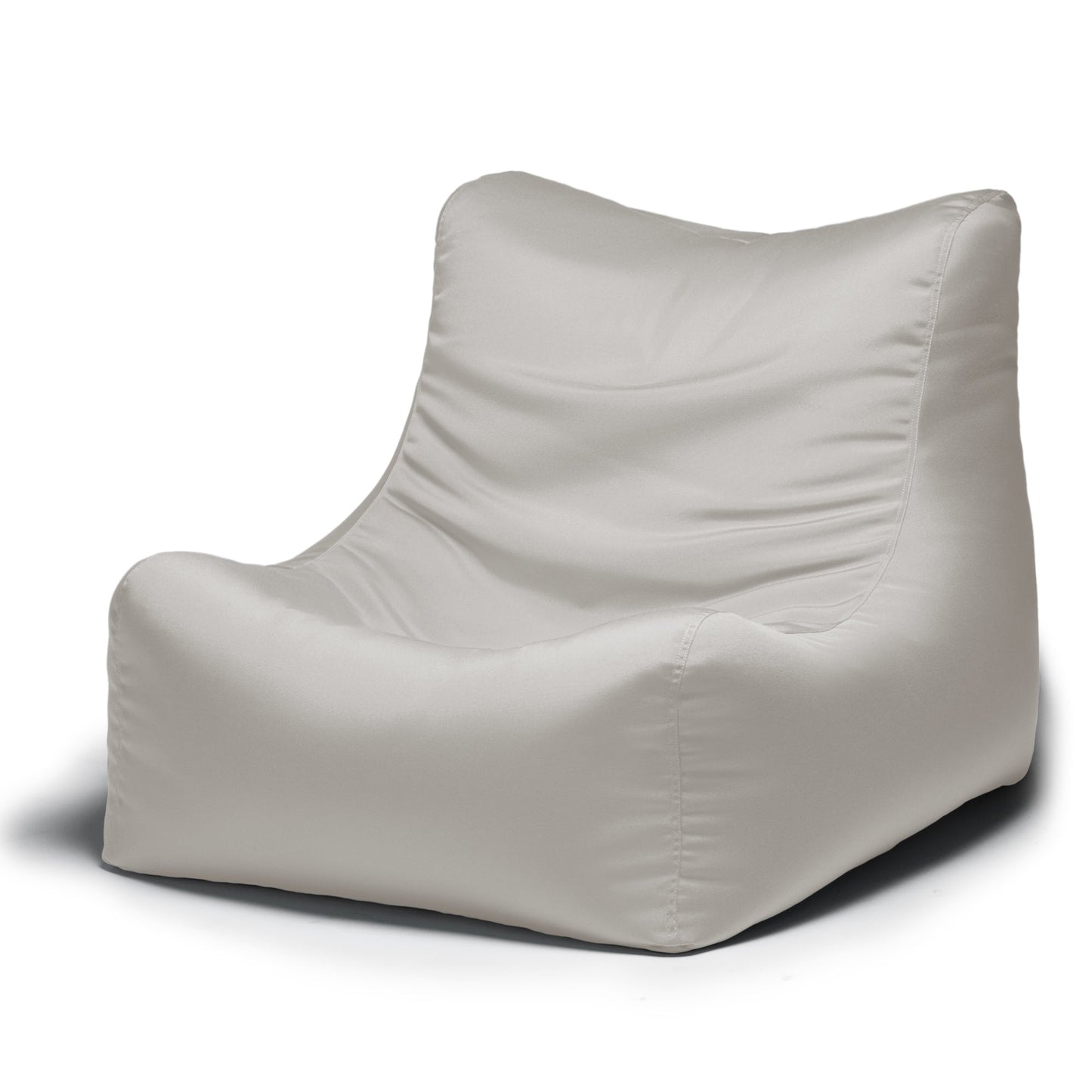 Pearl outdoor bean bag chair with contoured backrest and wide seat, light gray fabric