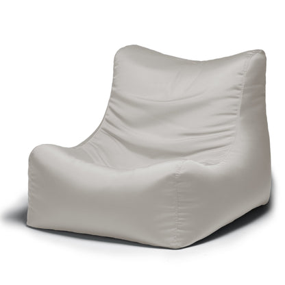 Pearl outdoor bean bag chair with contoured backrest and wide seat, light gray fabric