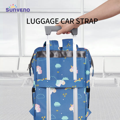 Blue patterned diaper bag backpack with luggage car strap for travel