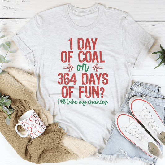 Light gray T-shirt with crew neck and red/green '1 day of coal' graphic