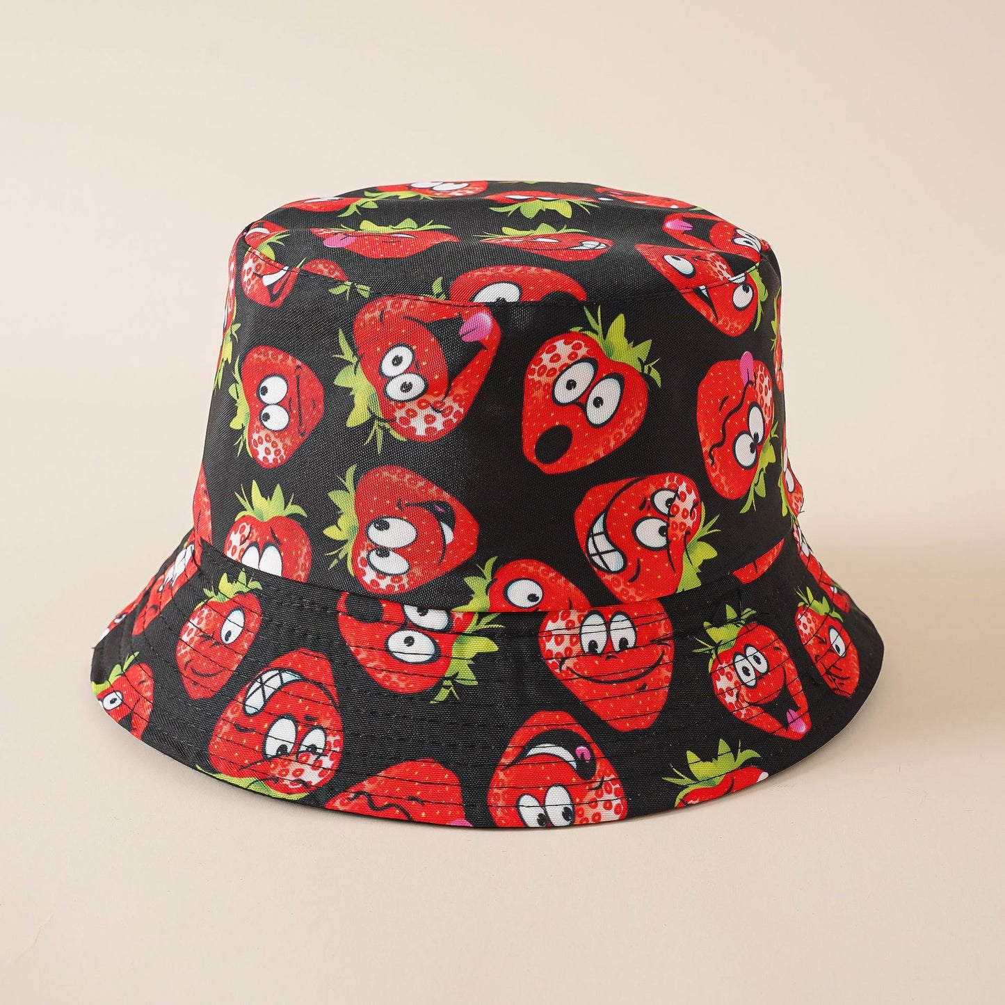 Black cartoon strawberry fisherman hat, wide brim, all-over face print