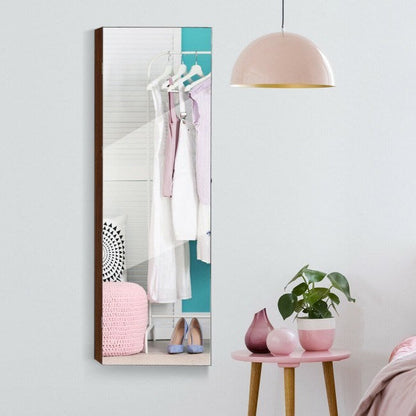 Brown framed mirrored jewelry cabinet with interior hanging storage