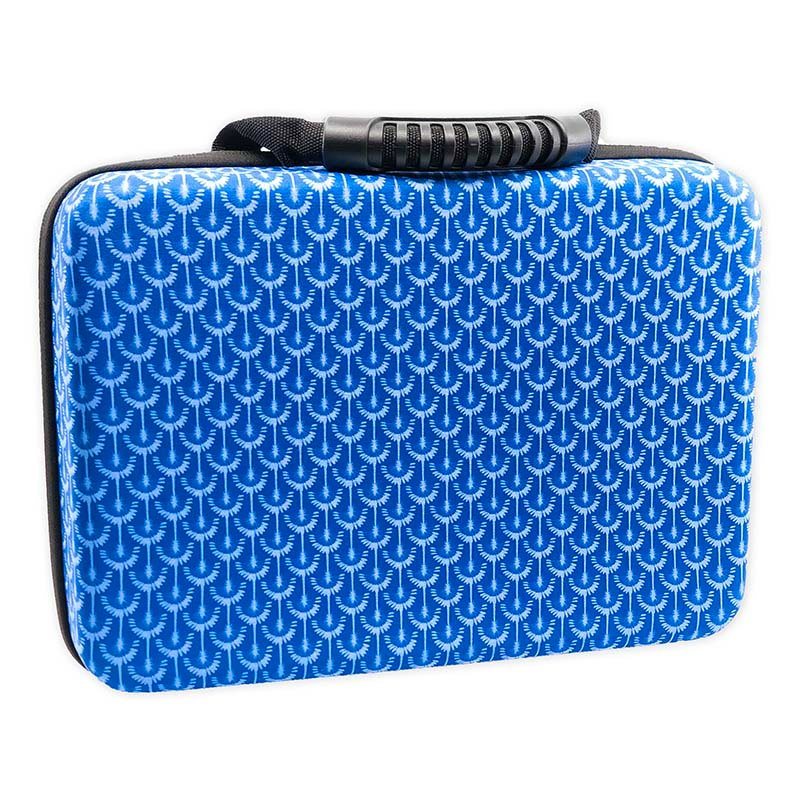 Blue patterned battery storage case with zipper and carry handle