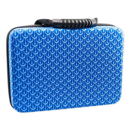 Blue patterned battery storage case with zipper and carry handle