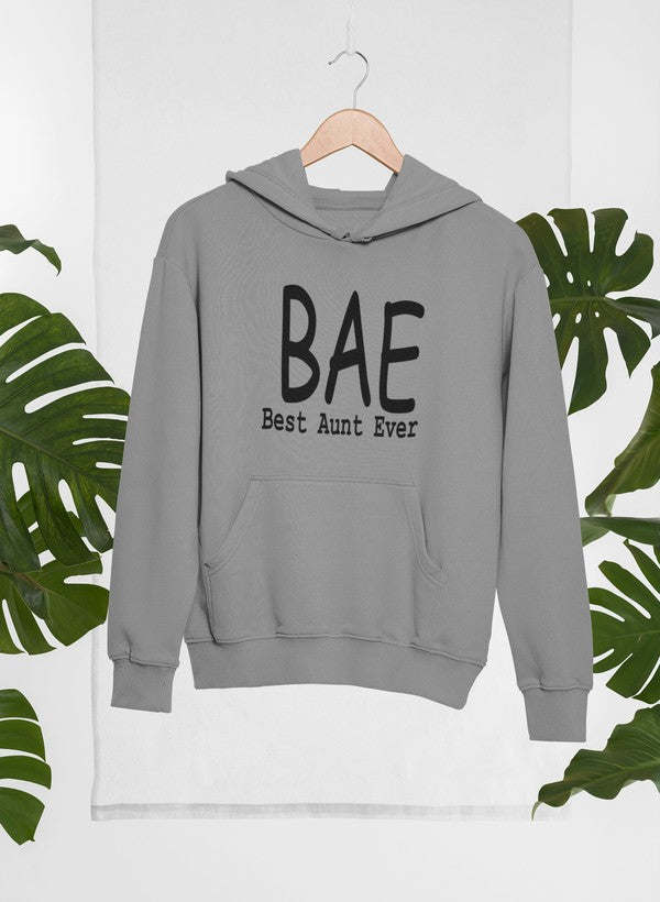 Gray hoodie with kangaroo pocket and "BAE" "Best Aunt Ever" front print