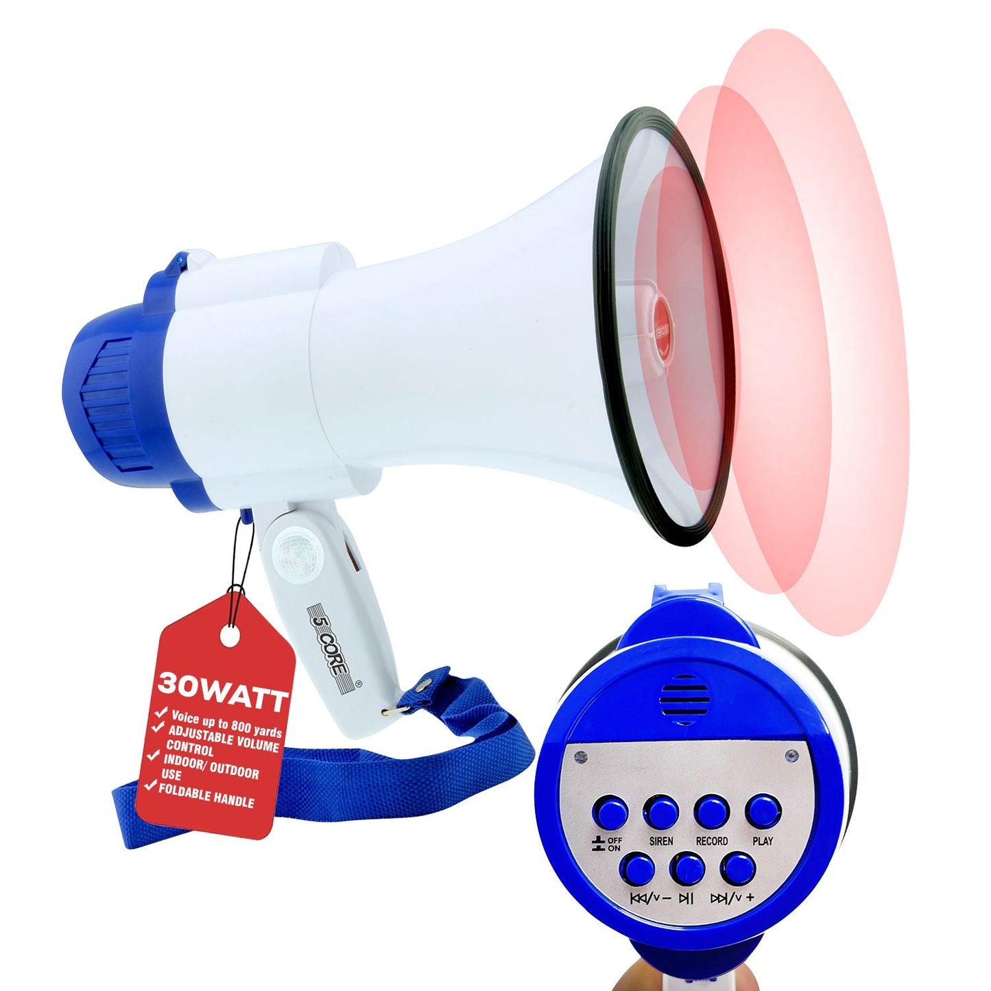 5 Core Megaphone 30W Bull Horn PA Speaker w 800 Yards Range USB Loud Siren Voice Amplifier Portable
